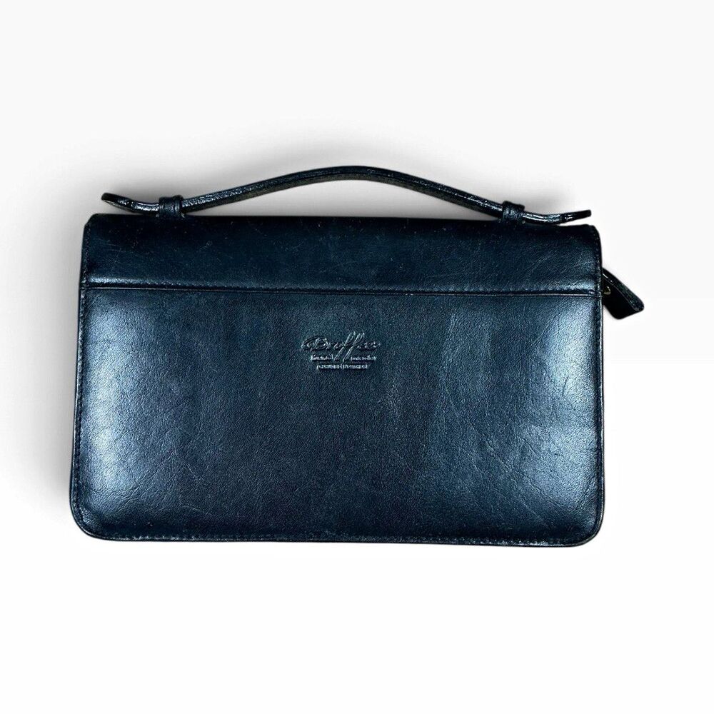 Broffee Black Leather Zip-Around Accordion Clutch Wallet w/ Top Handle
